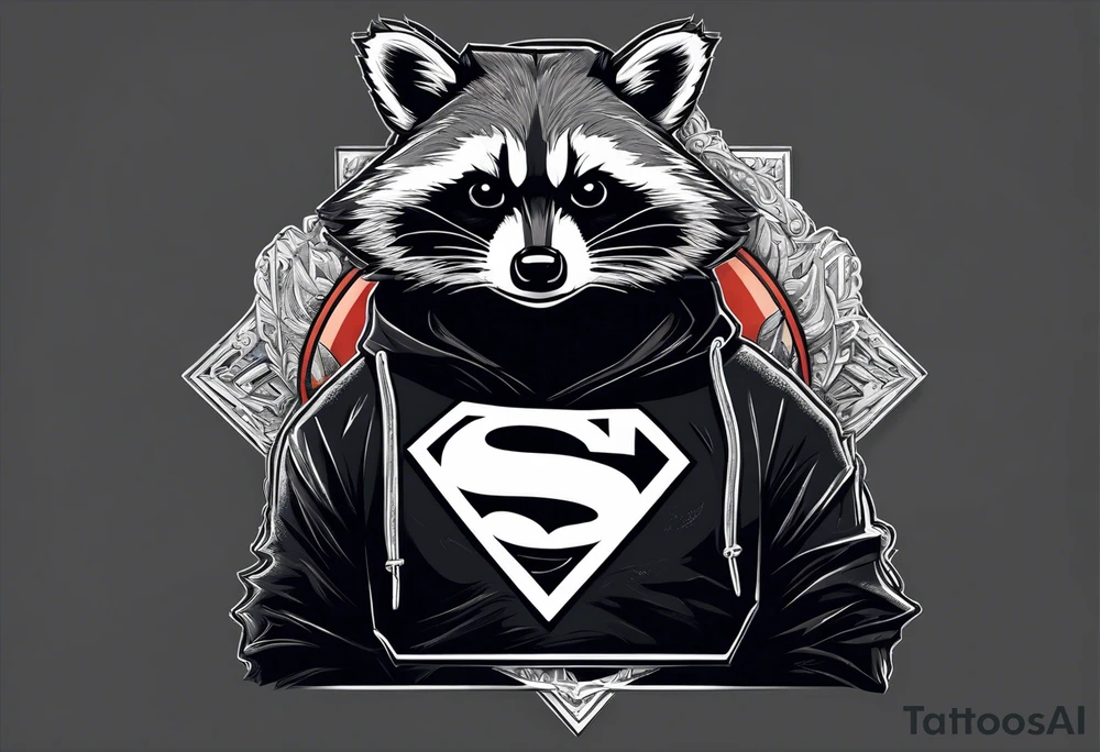 Raccoon wearing a white Superman logo on a black hoodie tattoo idea