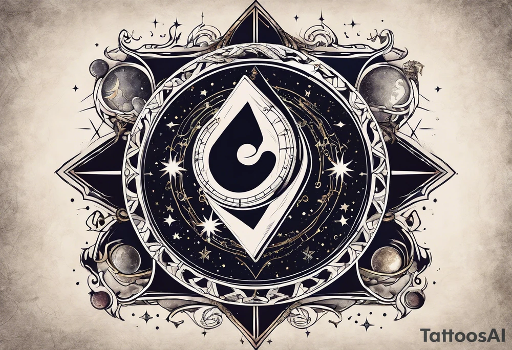 Matter, energy, space and time with an old stone theta symbol with stars in the background and Scorpio constellation tattoo idea