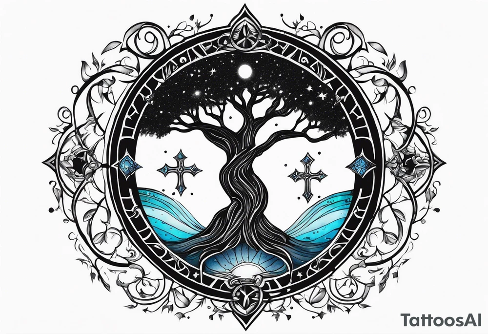 tree of life with 2 pisces fish a cross surrounded by stars and planets tattoo idea