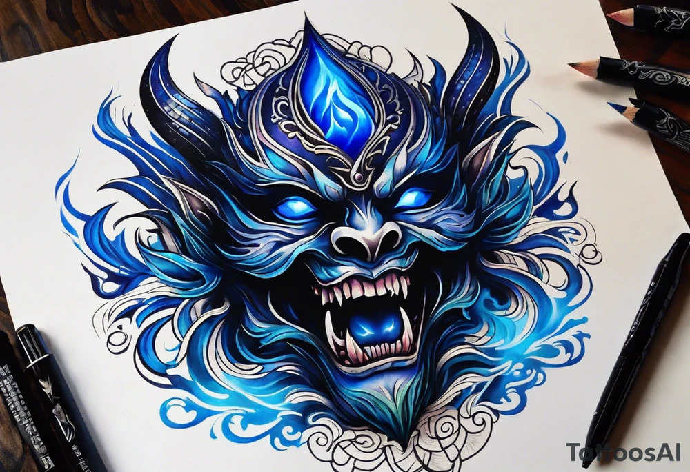 a demonic face with blue flames as majestic crown, deep set glowing galaxy styled eyes, skull faced with slightly open mouth and slight sliver of fangs, tattoo idea