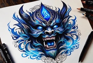 a demonic face with blue flames as majestic crown, deep set glowing galaxy styled eyes, skull faced with slightly open mouth and slight sliver of fangs, tattoo idea