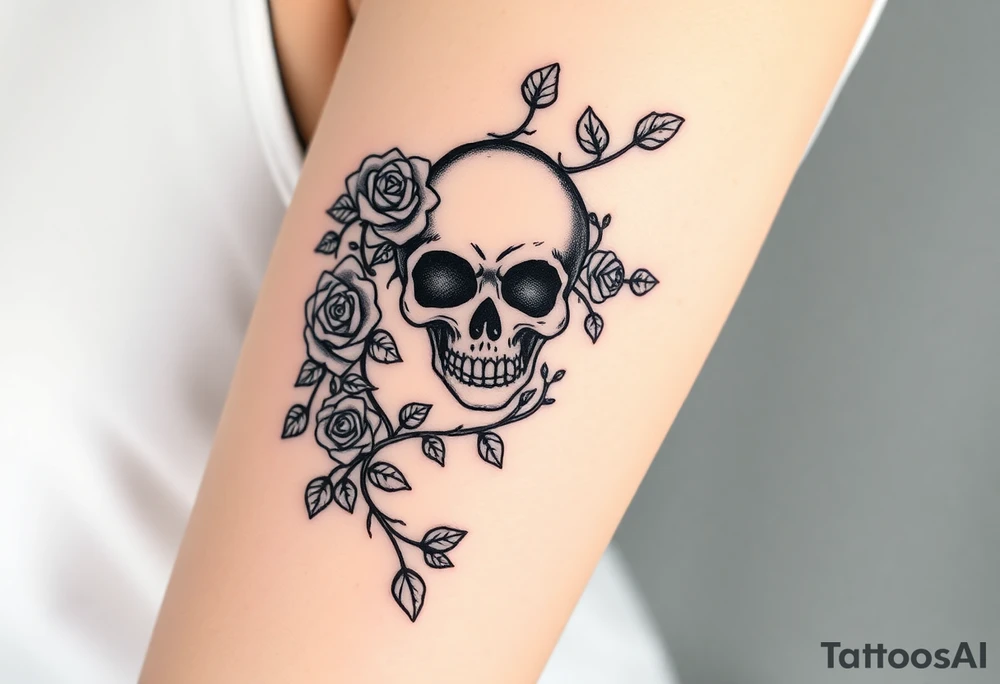 gothic skull intertwined with climbing roses and thorny vines tattoo idea