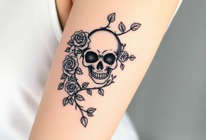 gothic skull intertwined with climbing roses and thorny vines tattoo idea