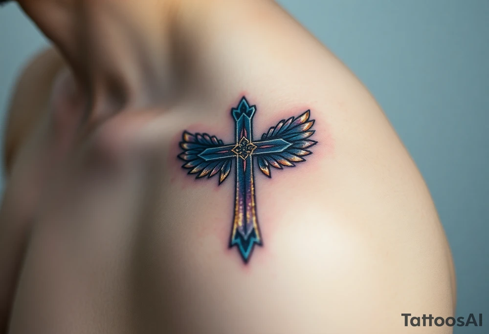 A glowing silver cross with floating feathers, each reflecting hints of pink, blue, and soft gold tattoo idea