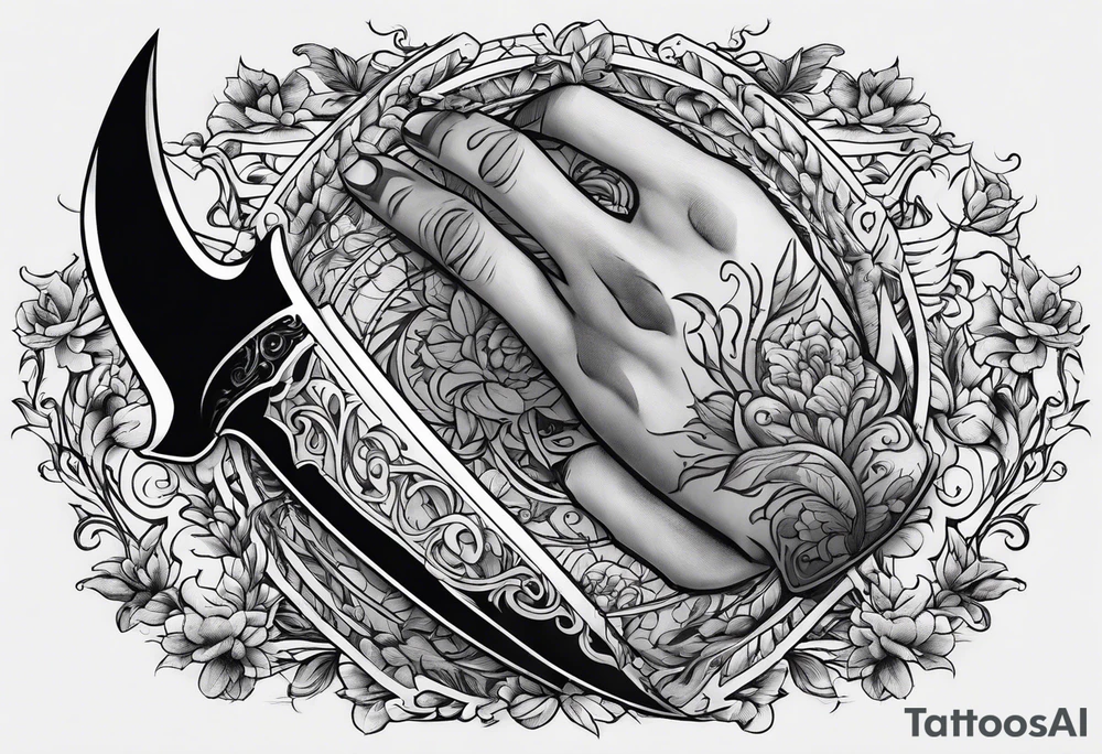 Hand stabbed by a curved knife with blood tattoo idea