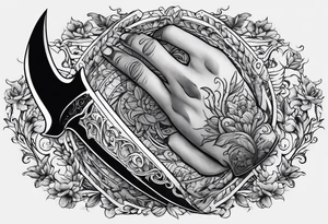 Hand stabbed by a curved knife with blood tattoo idea