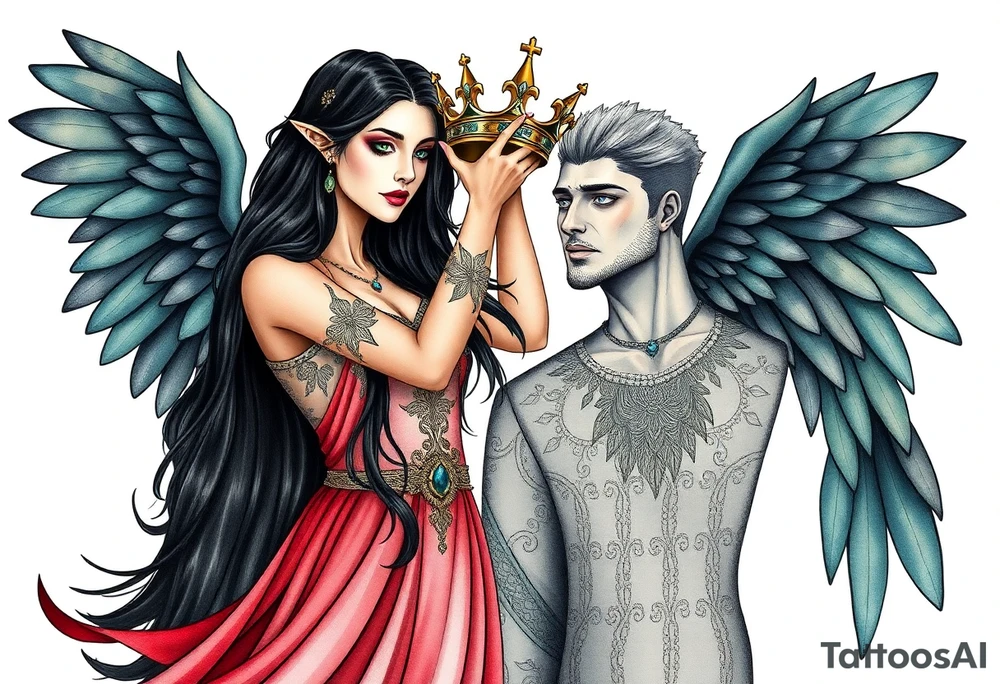 A Scorpio gypsy woman with wings like an angel and long black hair and green eyes placing a kings crown on a tall man with grey short spiked hair and blue eyes. She is wearing a long flowing dress tattoo idea