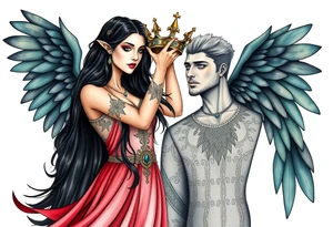 A Scorpio gypsy woman with wings like an angel and long black hair and green eyes placing a kings crown on a tall man with grey short spiked hair and blue eyes. She is wearing a long flowing dress tattoo idea