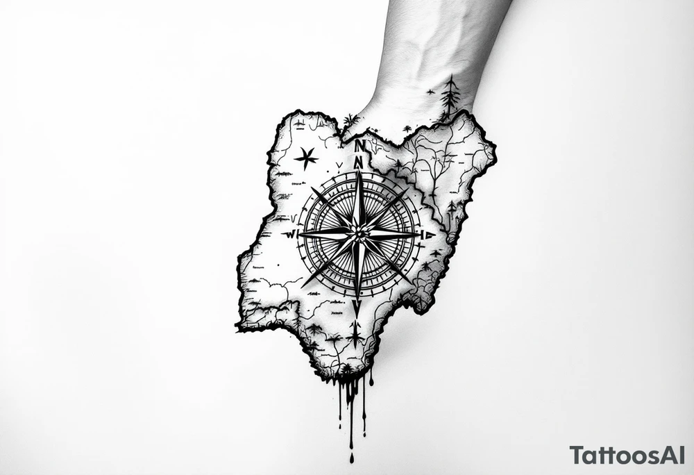 Compass on the back of the palm in the shape of Nigeria with longitude written on the top and latitude written on the bottom. Draw lines from a treasure map connecting from the arm to the tattoo tattoo idea