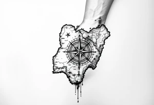 Compass on the back of the palm in the shape of Nigeria with longitude written on the top and latitude written on the bottom. Draw lines from a treasure map connecting from the arm to the tattoo tattoo idea