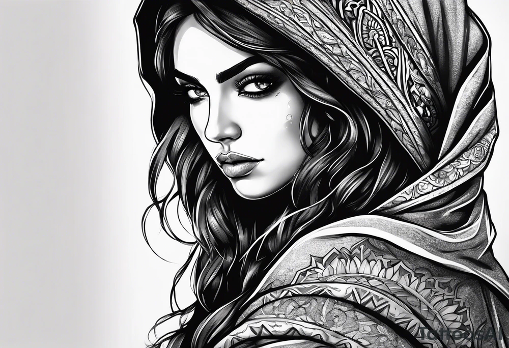 Girl with blanket on her eyes with a sword in her hand and in the other hand Golda a scale tattoo idea