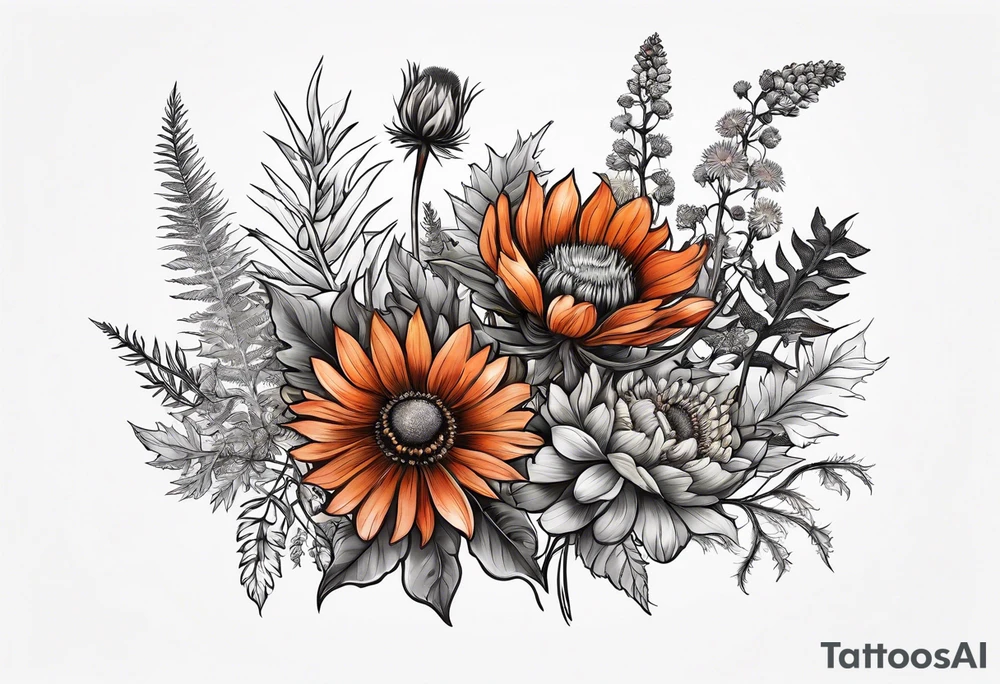 wildflower horizontal with thistles, ferns, burnt orange flowers in color tattoo idea