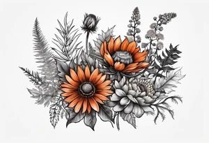 wildflower horizontal with thistles, ferns, burnt orange flowers in color tattoo idea