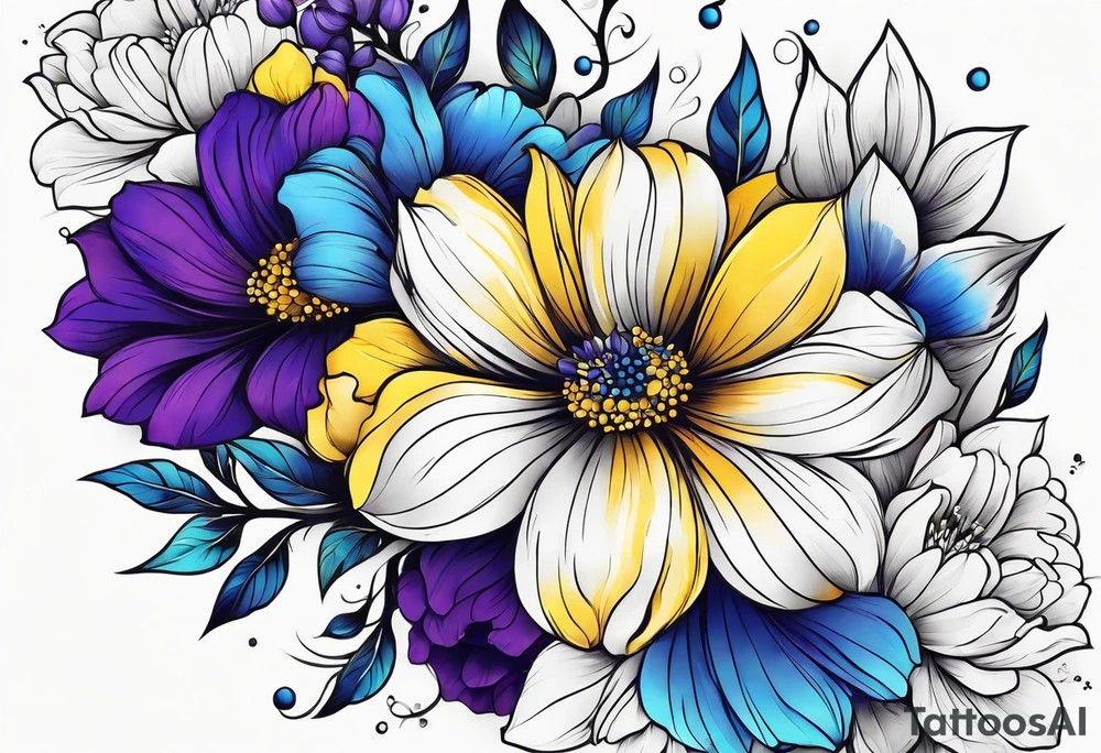 Blue yellow and purple flowers arm sleeve tattoo idea