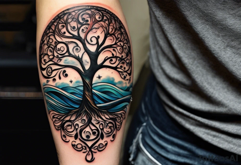 A tattoo design that incorporates the following elements: an abstract tree of life that has roots emerging  from the ground. Waves of water wrap around the tree in a non symmetrical design.  Incorporate musical notes into the tree. the letters U and A are overlapping and engraved into the tree. A golf flag incorporated but not prominent tattoo idea