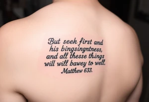 Matthew 6:33 But seek first his kingdom and his righteousness, and all these things will be given to you as well on leg tattoo idea