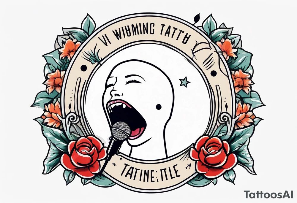 traditional vintage tattoo of mouth singing in microphone simple  flowers and banner
no face tattoo idea