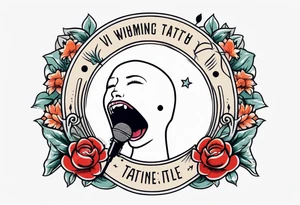 traditional vintage tattoo of mouth singing in microphone simple  flowers and banner
no face tattoo idea