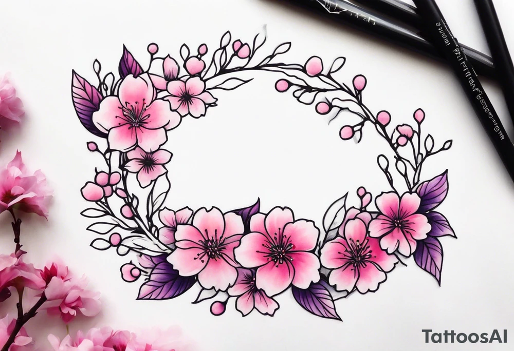 Flower wreath cherry blossoms pinks and purples tattoo idea