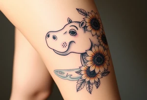 Cute hippo and with sunflowers and carnations and water tattoo idea