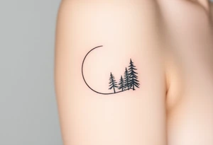 fine-line crescent moon, pine trees growing along one side, stretching upward tattoo idea