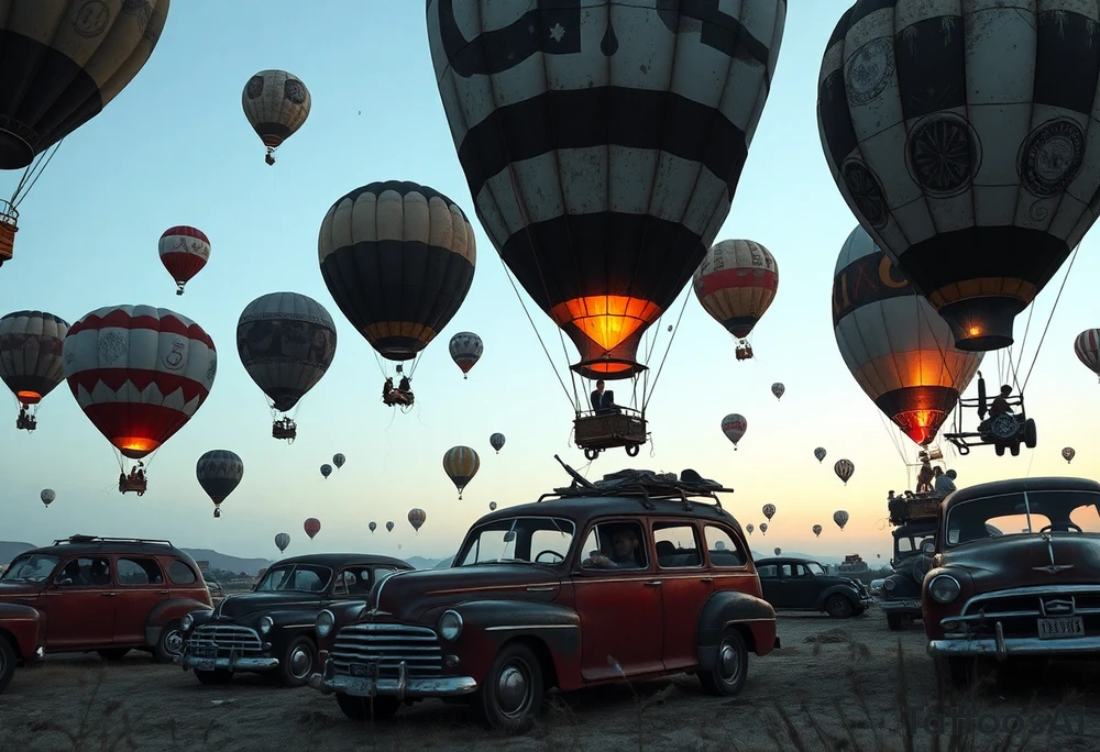 in a very steam punk vibe i want you to make a picture of a bunch of old beat up cars with people lounging in them and garbage and junk all up in and on them, tied to hot air balloons floating in the sky right about dusk and they are as far as the eye can see i want the cars to be floating as if they were the basket to the hot air balloons and the hot air balloons are all different colors and patterns and some are old and patched and i dont want to see the ground at all  i want this to be a scene that is up in the sky with them all floating under the balloons like it is in a dream and every single balloon in the picture is attached to a different old car, and some of the cars you can see people kicked back with thier feet out the window and stuff on the dash of the car, and some with people hanging an arm out hte window some have cigarrette smoke coming out the window, and the balloons all are different but every single car is floating high in the sky tattoo idea