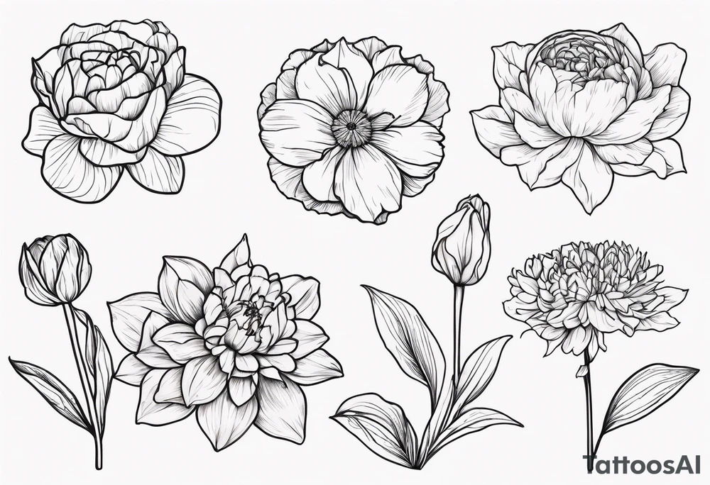 8 flowers:carnation daffodil rose peony daphnee dahlia desiree daisy tattoo idea