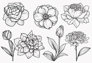 8 flowers:carnation daffodil rose peony daphnee dahlia desiree daisy tattoo idea