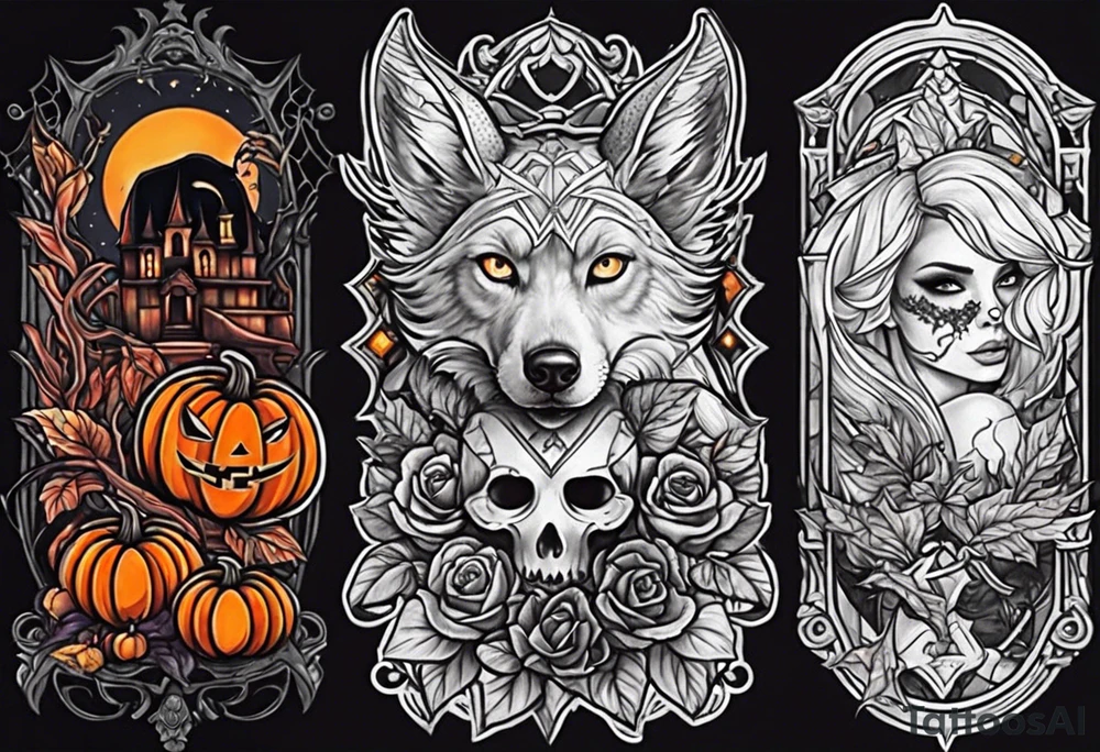 Create a Halloween tattoo with lots of colors and iconic characters tattoo idea