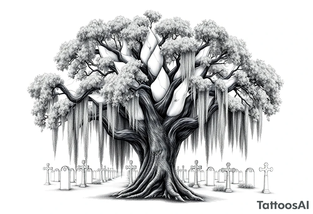 Laurel oak covered in Spanish moss in a cemetery tattoo idea