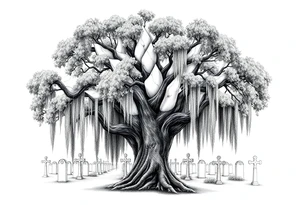 Laurel oak covered in Spanish moss in a cemetery tattoo idea