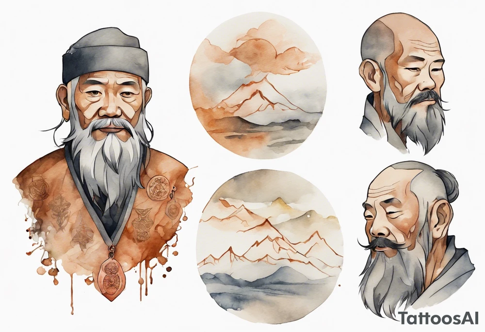 a solitary Filipino man with a grey beard wearing a copper amulet tattoo idea