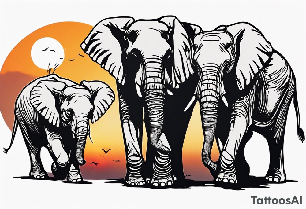 family of 6 elephants walking into sunset tattoo idea