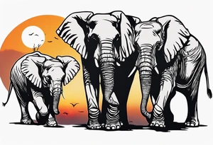 family of 6 elephants walking into sunset tattoo idea