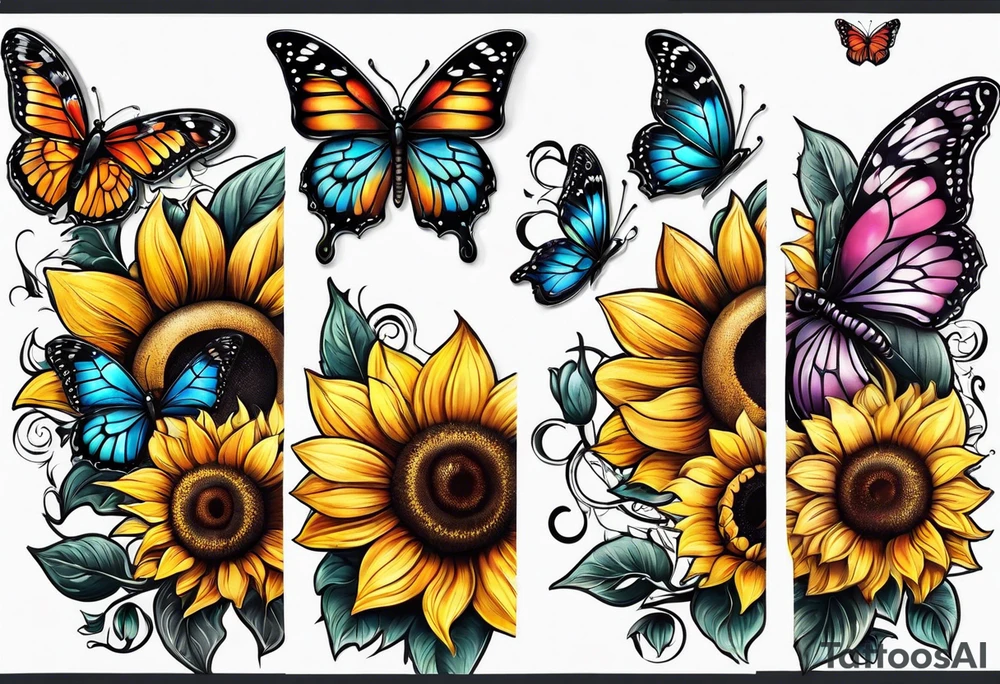 Arm sleeve with sunflowers and butterflies tattoo idea