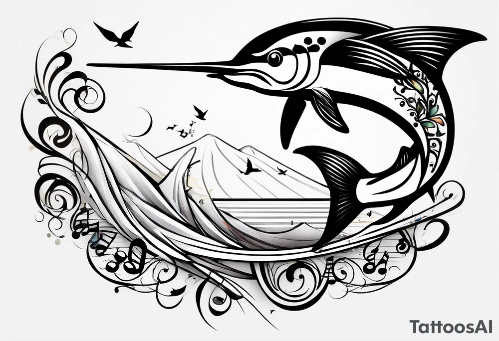 Marlin, musical notes, peace tattoo idea
