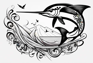 Marlin, musical notes, peace tattoo idea