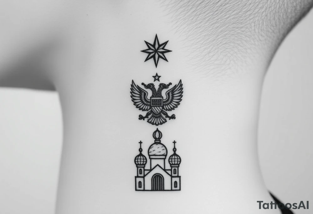 Stacked Vertical Column 

Russian star — small, bold
Middle: Miniature double-headed eagle — simplified, cleaner lines to suit the smaller space
Bottom: Orthodox church dome(s) with a small Virgin Mary silhouette beneath tattoo idea