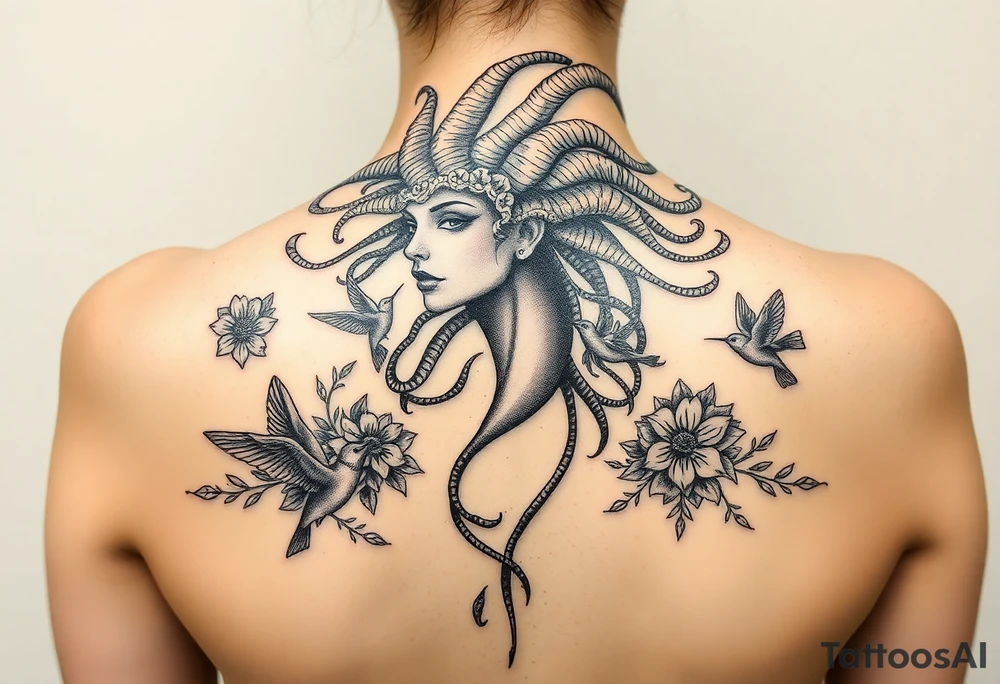 medusa surrounded by hummingbirds and flowers tattoo idea