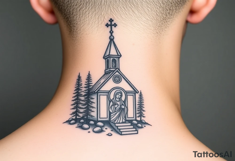 Traditional russian orthodox church in a wilderness setting with a prominent orthodox style virgin mary tattoo idea