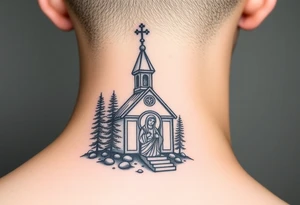 Traditional russian orthodox church in a wilderness setting with a prominent orthodox style virgin mary tattoo idea