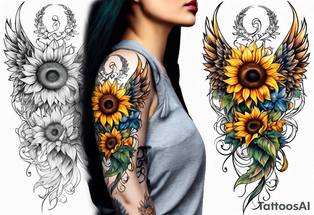 Sunflowers and angel wings leg sleeve tattoo idea