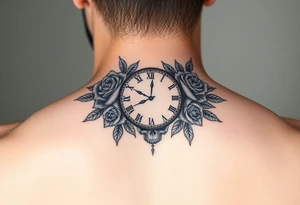 Clock face 11:43 as set time. With roses and skull tattoo idea