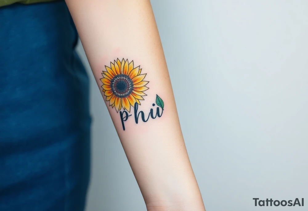 Word "PHUONG" written vertical with the sunflower. tattoo idea