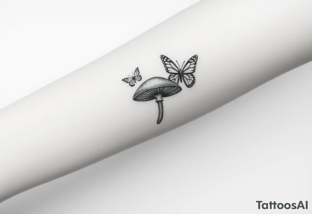 mushroom with 2 butterflies above it on your lower inner arm tattoo idea