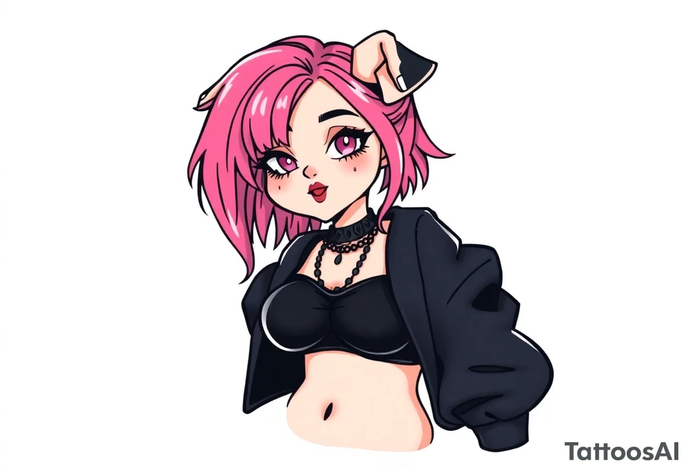 hot goth girl with puppy ears and with piercings on face and big boobs and big butt full body 
 with black outfit on with pink hair tattoo idea