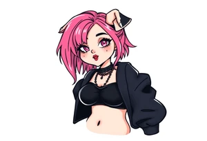 hot goth girl with puppy ears and with piercings on face and big boobs and big butt full body 
 with black outfit on with pink hair tattoo idea