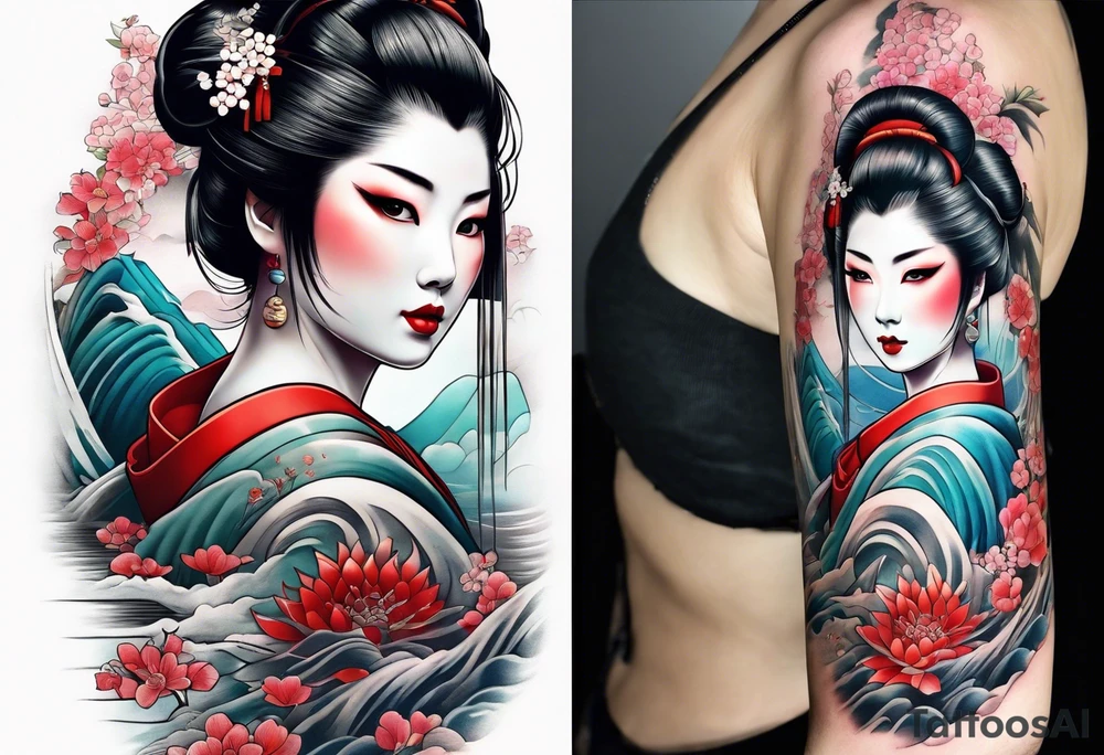 geisha girl that is also a Japanese waterfall tattoo idea
