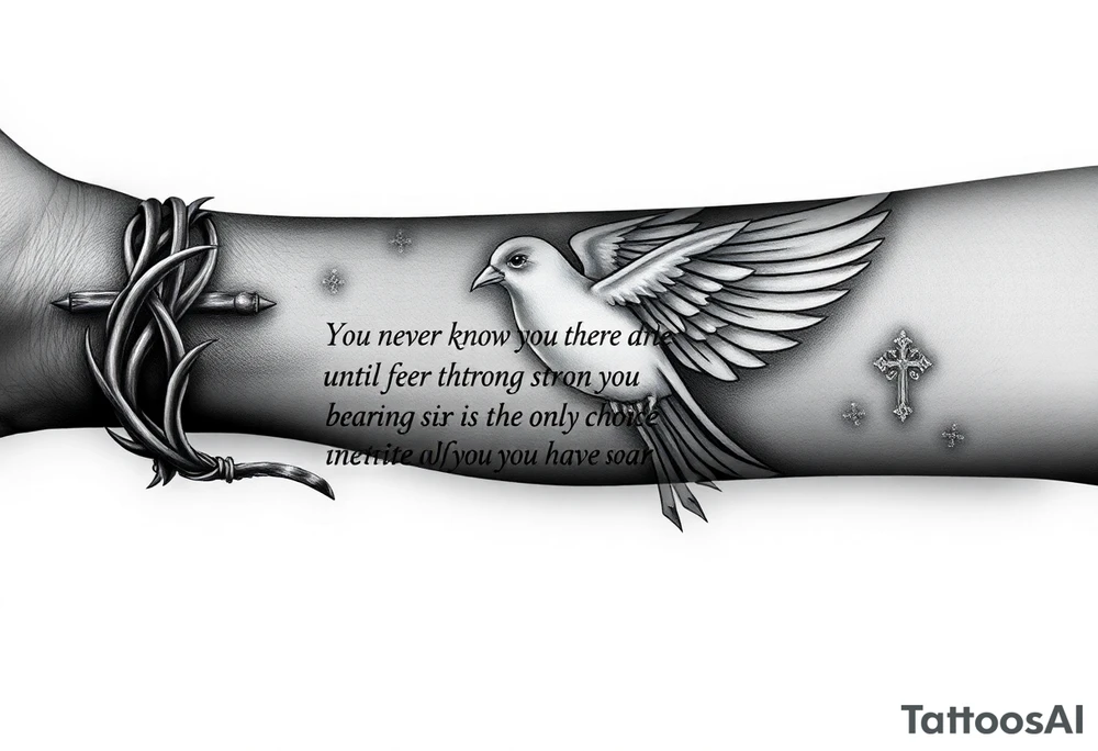 on the entire front arm the whole one its a black person skin and on the wrist is thorns on front of that is a dove and middle theres words that say you never know how strong you are until being strong is the only choice you have with prayer beads around all the words while also having a unique cross on the side of the dove near the area and and above the words theres also a bigger dove and i want a unwiue cross on the side of that too the diver is below the elbow also i want barbed wite wings on the doves and in the body of the dove by the wrist a small number 7 and on the body of the bigger dove i want it to say 1984 also do some nice shading around whats not filled kinda dark but like like super heavenly realistic clouds kinda super realistic and stuff this is all on the whole feont arm covering it tattoo idea