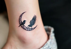 A silver crescent moon holding a small black raven, perched above protective script. tattoo idea